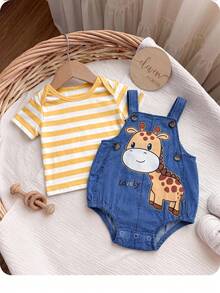 Newborn Baby Girl Casual Cute Cartoon Pattern Bib Pants & Striped T-Shirt Set - Blue - View 5