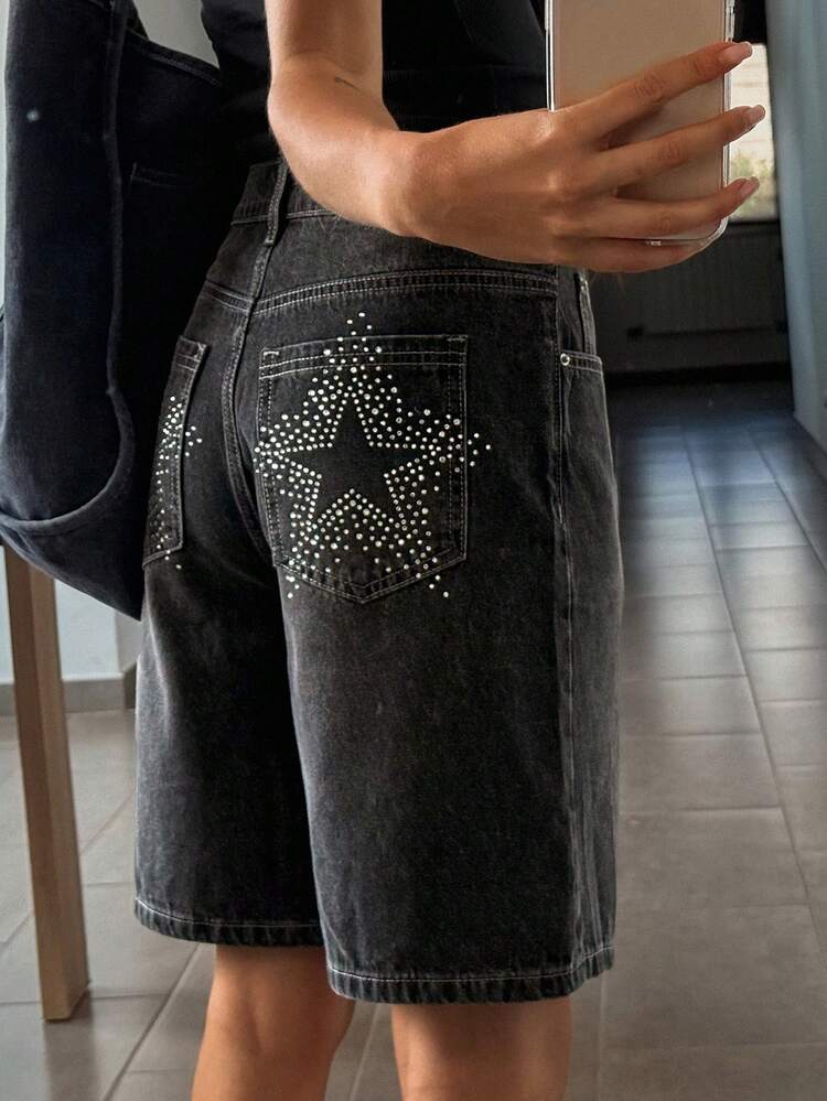 Women's Casual Everyday Denim Shorts With Pockets And Rhinestone Buttons
