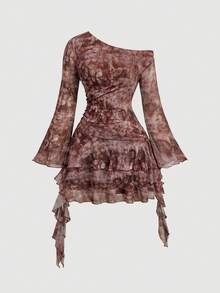 SHEIN MOD Plus Size Women's Floral Print Asymmetrical Shoulder Flare Sleeve Ruffle Hem Fashion Dress Fall - Brown - View 6