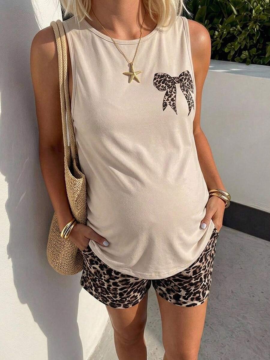 SHEIN Red,Summer,Smart Casual,Holiday Maternity Two-Piece Set:Round Neck Sleeveless Top With Bow Detail & Leopard Print Shorts With Adjustable Drawstring - Khaki - View 1
