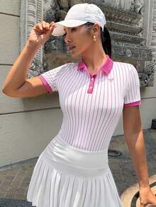 Gameset SHEIN Sport 女款條紋短袖休閒健身運動 Polo 衫 - 彩色 - 查看 5