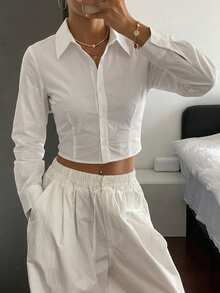DAZY Solid Color Turndown Collar Long Sleeve Drawstring Hem Women Shirt Teachers' Day Office White Autumn Basic Smart Casual - White - View 5
