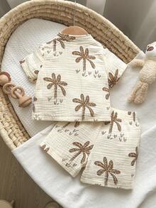 SHEIN Playful Pals 2pcs Newborn Beige Tropical Coconut Tree Print Short Sleeve Shirt & Shorts Set Summer Vacation Family Matching Casual Loose Outfits - Apricot - View 2