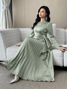 Modelyn Women's Solid Color Round Neck Pleated Hem Elegant Dress,Dresses For Women Summer - Green - View 7