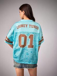 LOONEY TUNES X SHEIN 女士V领蝙蝠袖短袖休闲宽松T恤， - 藍色 - 查看 2