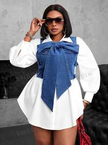 SHEIN CURVE+ Bộ trang phục cao bồi cỡ lớn, áo không tay màu xanh khoét lỗ, quần áo mùa hè. - Rửa trung bình - Xem 7