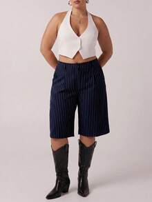SHEIN Tall CURVE Quần short nữ cỡ lớn kẻ sọc có túi, kiểu dáng thời trang, đa năng, phù hợp cho đi làm và công sở. - Màu xanh hải quân - Xem 5