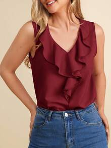 Amorya Women's Solid Color Ruffle V-Neck Sleeveless Blouse - Burgundy - View 1