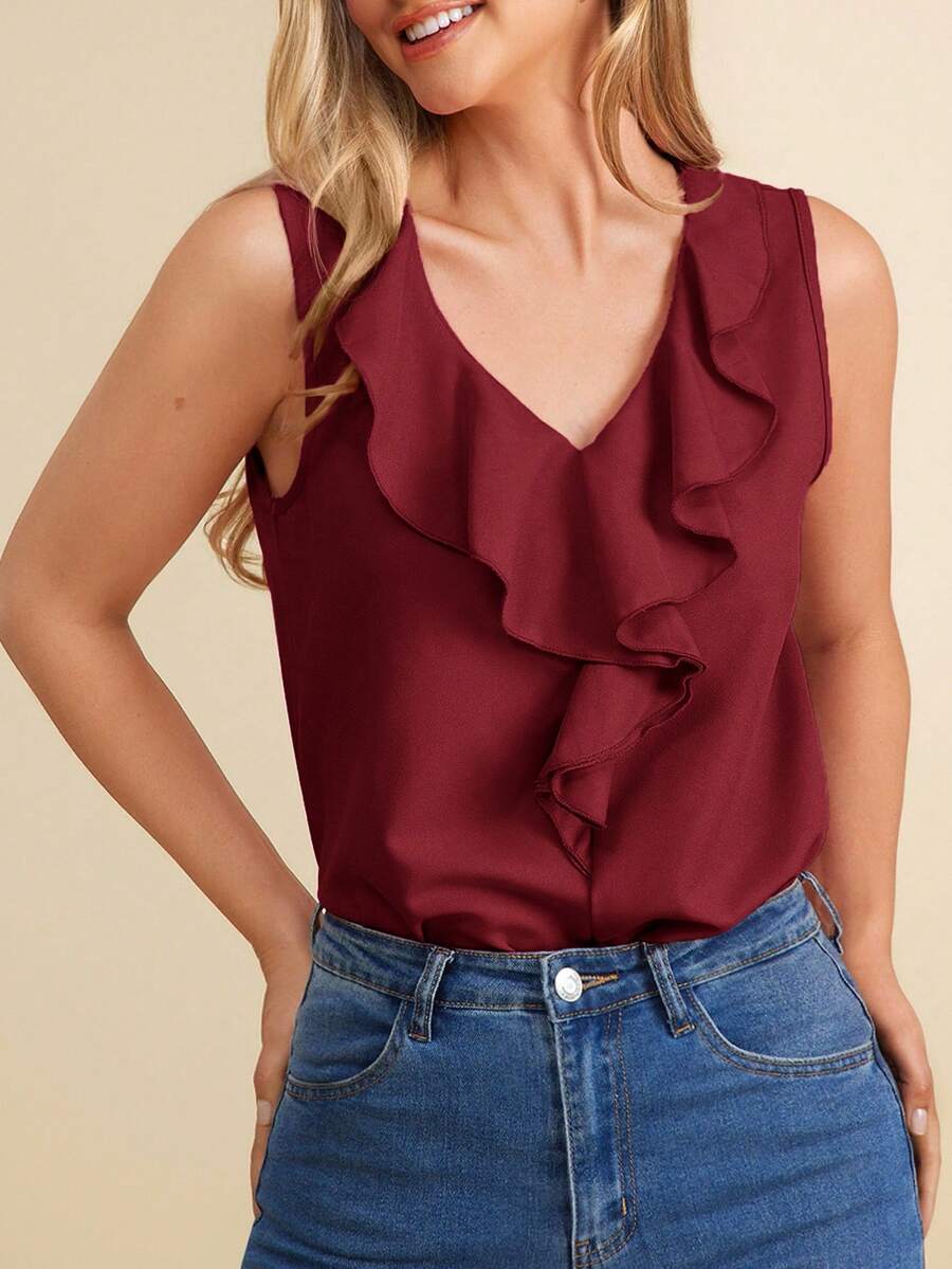 Amorya Women's Solid Color Ruffle V-Neck Sleeveless Blouse - Burgundy - View 1