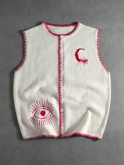 ROMWE MEN Street Life Áo vest nam dệt kim cài nút phía trước, đường chỉ đỏ, thêu hình mắt và mặt trăng