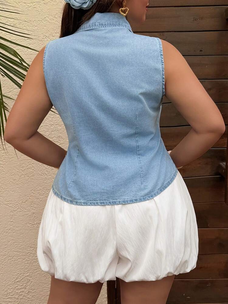 Dazy Plus Plus Size Women's Casual Denim Sleeveless Collared Tie-Front Shirt, Spring/Summer