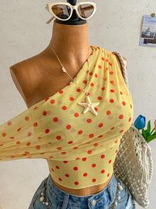 Soleia Cute Summer Polka Dot Yellow Asymmetrical One Shoulder Layered Top,Boho Beach Holiday Wear For Women,Versatile Casual Vacation Date Wedding Top - Light Yellow - View 5