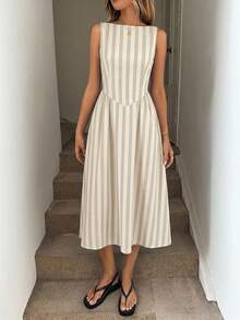 SHEIN LUNE Vestido midi de línea A con cintura recogida, sin mangas, a rayas azules y blancas, ropa casual de vacaciones hecha de tela de algodón transpirable - Multicolor - Ver 3