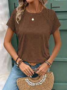 Faunlyn Elegant Lace Patchwork Short Sleeve T-Shirt - Brown - View 5