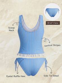 Swim Mod Bộ đồ bơi nữ 2 mảnh camisole & bikini vải in sọc trang trí ren trắng buộc dây, phong cách ngọt ngào thanh lịch cho quý cô đi biển, tiệc tùng, lễ hội, hòa nhạc nhạc đồng quê và kỳ nghỉ - Màu xanh lam - Xem 2