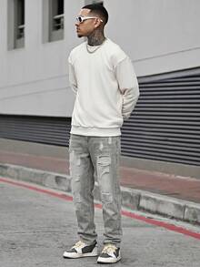 Devon Thys Men's Outdoor Casual Straight Leg Distressed Blue Jeans, Autumn/Winter - Grey - View 4