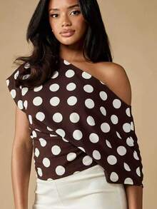 MISSGUIDED Off Shoulder Polka Dot Blouse With Side Tie Detail Brown And White Spotted Asymmetrical Neckline Top - Brown - View 1