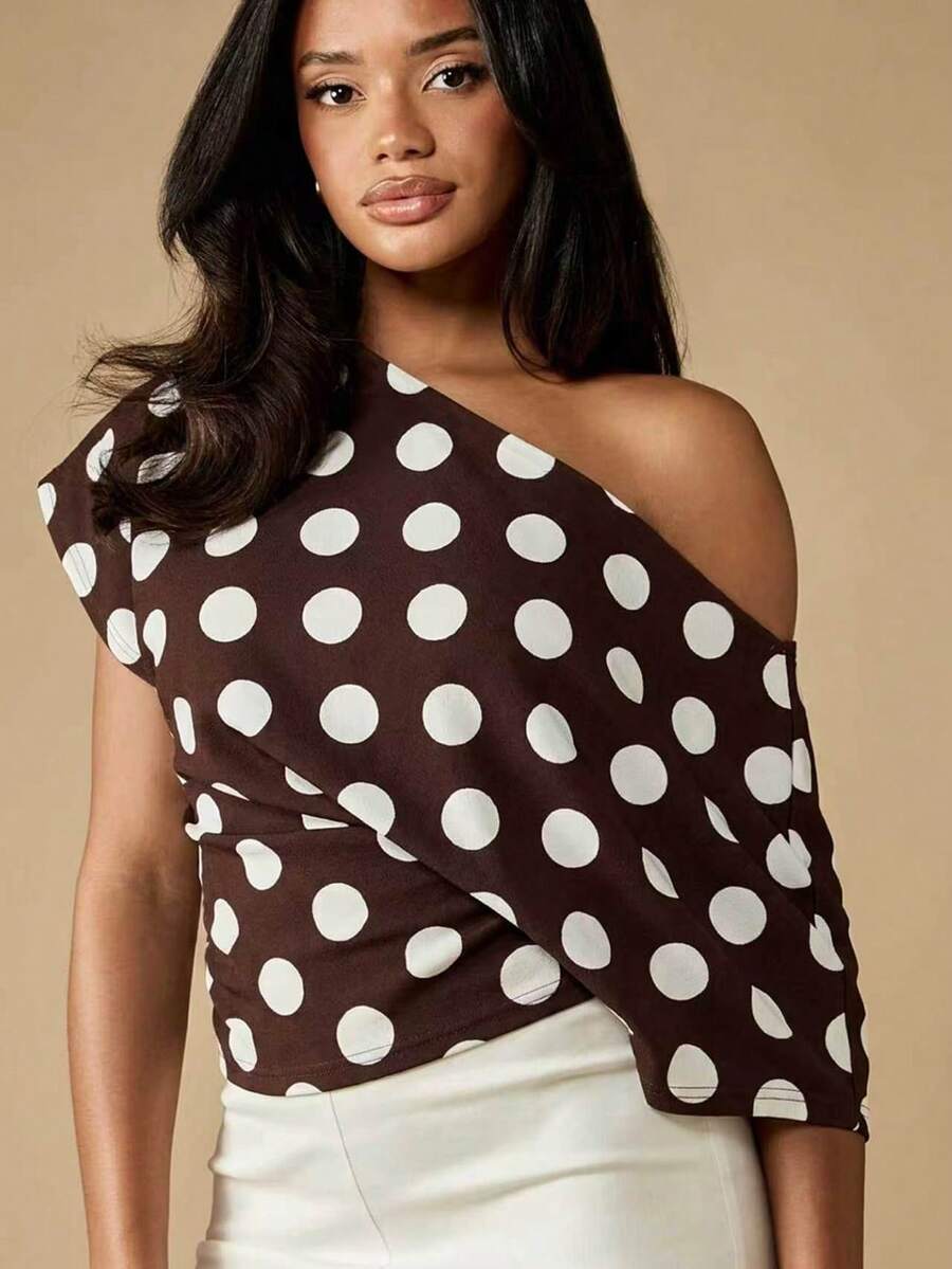 MISSGUIDED Off Shoulder Polka Dot Blouse With Side Tie Detail Brown And White Spotted Asymmetrical Neckline Top - Brown - View 1