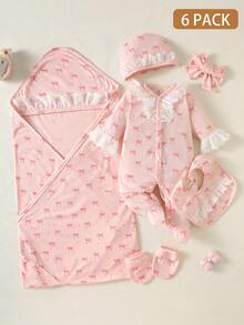 SHEIN Bộ quà tặng 6 món cho bé gái sơ sinh | Phong cách dễ thương màu hồng ngọt ngào + Họa tiết nơ và viền ren | Áo liền quần dài tay + Mũ + Yếm + Băng đô nơ + Găng tay + Chăn quấn | Vải dệt kim thoáng khí | Mùa xuân & hè - Màu Hồng baby - Xem 3