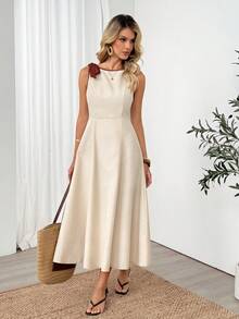 Easowa Đầm midi dáng chữ A cổ tròn, viền tương phản, thắt nơ ở eo, vạt xòe, thích hợp cho nữ công sở, đi nghỉ mát, mùa xuân hè. - Màu be - Xem 3