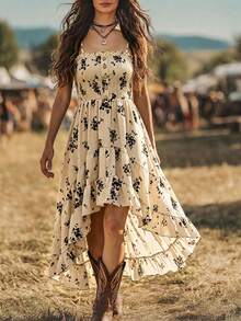 Balvessa Women's Jacquard Printed Irregular Hemline Elegant Style Halter Dress - Apricot - View 1