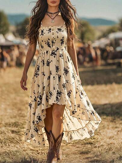 Balvessa Women's Jacquard Printed Irregular Hemline Elegant Style Halter Dress