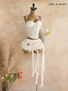 Soleia Plus Size White Autumn Boho Beach Vacation Gym Skirt, Elegant Solid Color Low Waist Layered Ruffle Asymmetric Hem Skirts, Cute Floral Fall - White - View 4