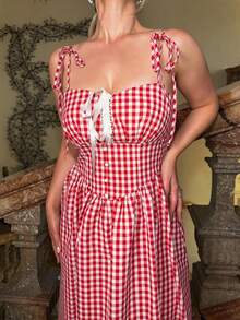 Jeta Ari Red & White Plaid Romantic Cute Countryside Style Midi Dress,Beach Dress,Vacation, Valentine's Day Dress, Garden Party Dress Elegant Summer - Red and White - View 3