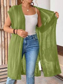 SHEIN LUNE CURVE Plus Size Women's Sleeveless Hollow Out Long Cardigan, Lightweight, Suitable For Vacation, Commute, St. Patrick's Day, Spring/Summer - Olive Green - View 8