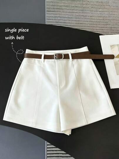SHEIN Franclia Elegant French Style Woven White Shorts With Belt, Graceful Ladies' Summer Shorts, Beach Outfit, Vacation Shorts, Women's Casual Shorts, New Summer Shorts For Ladies
