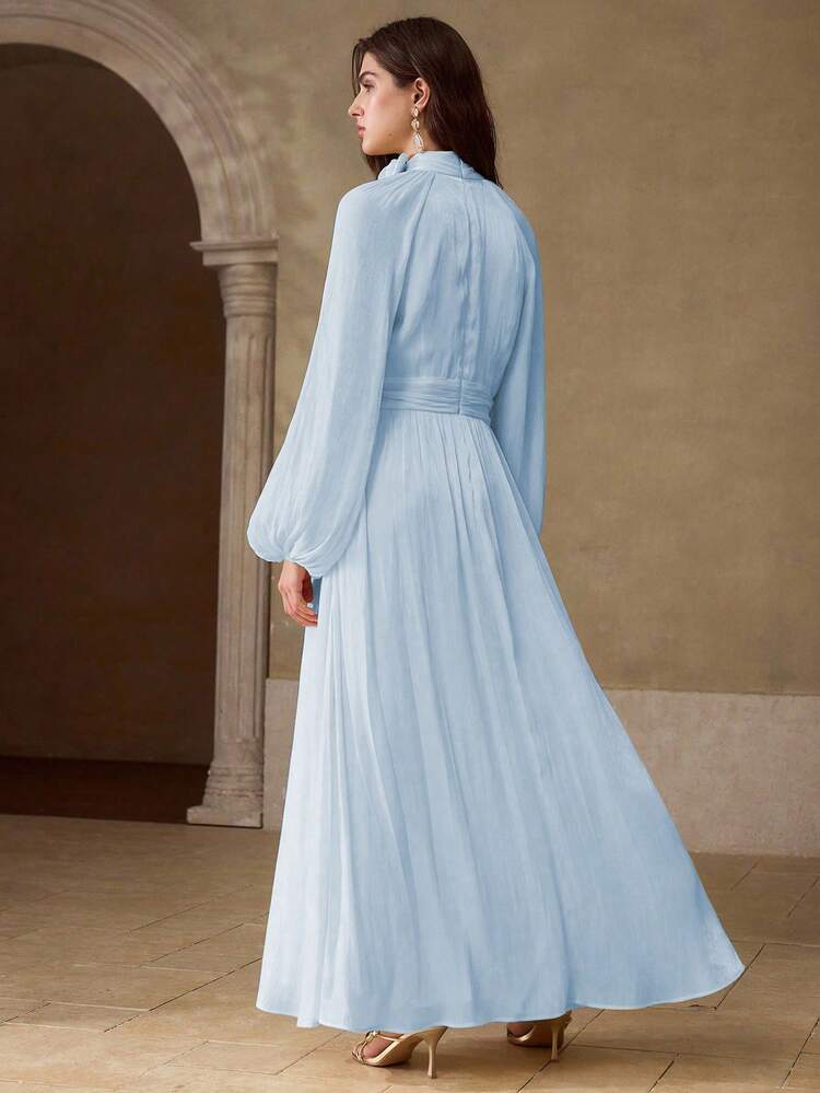WOMEN'S RUCHED WAIST LANTERN SLEEVE LONG DRESS