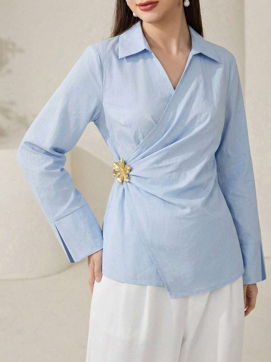 Solavon Women's Solid Color Metal Decor Pleated Casual Versatile Daily Wear Blouse