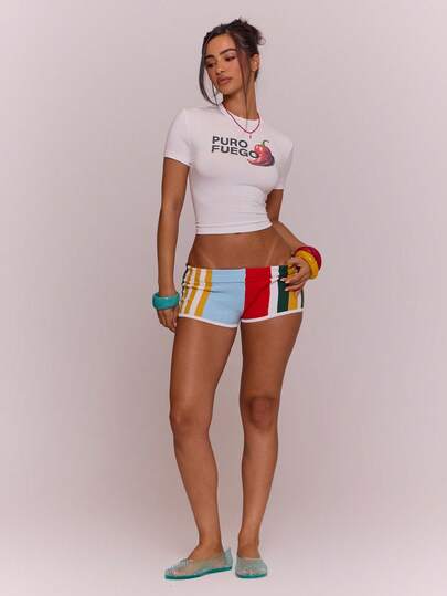 MUSERA Striped Towelling Micro Mini Shorts Spring Summer Vacation Holiday Ibiza Boho Elegant Casual Carnival Festival