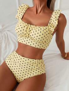 Swim Basics 2 pezzi Set di top e pantaloncini da donna per l'estate, elegante e minimalista, per vacanza, a pois bianchi e neri, con volant sulle spalline, plissettato sulla parte anteriore e vita alta con arricciatura sui pantaloncini a triangolo - Giallo chiaro - Visualizzare 3