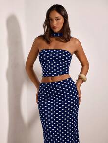 Opulessa Bộ đồ 2 món Vacation Knit họa tiết chấm bi cổ điển gồm áo tank top ngắn ôm dáng và chân váy đuôi cá cạp thấp dành cho nữ. - Màu xanh hải quân - Xem 7