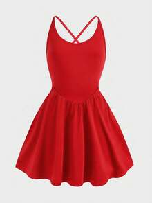 SHEIN Girlism Vestido Esportivo Casual para Menina Tween, Estilo Regata com Decote Cruzado, Cor Sólida, para Yoga e Tênis, com Legging Embutida, Design Anti-Exposição e Bolso, Preto - Vermelho - Visão 3