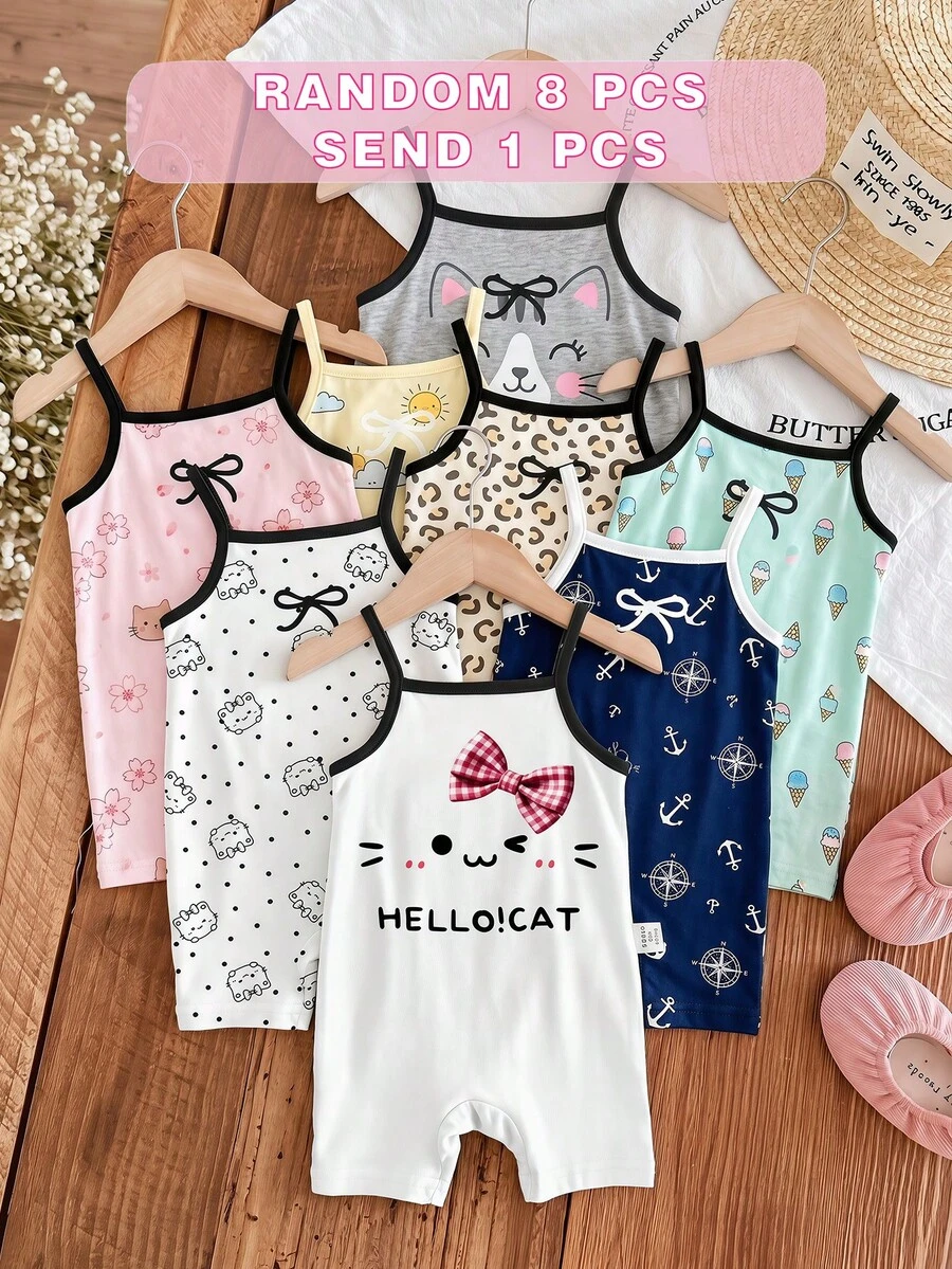 【随机8件,送1件】女婴多巴胺与棕色,可爱复古豹纹蝴蝶结卡通兔子,可爱兔子与豹纹蝴蝶结图案,婴幼儿图案,小猫,冰淇淋,女婴休闲吊带连体衣,适合春夏穿着,可爱夏季服装,夏季儿童用品,夏季外出用品,韩版风格,舒适休闲,Y2K,卡哇伊,派对,日常,度假,可爱,舒适,田园风,周末休闲,家庭出游,拍照服装,休闲 - 彩色 - 查看 1