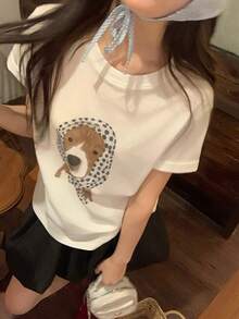 DAZY Kaos Wanita Lengan Pendek Leher Bulat Motif Kartun Anak Anjing, Gaya Korea Musim Semi/Panas - Putih - View 5