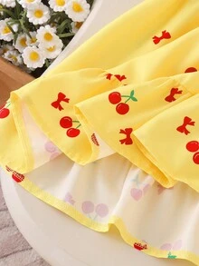 SHEIN Elladie kids 女童甜美櫻桃印花荷葉袖 A 字版型 U 背對比蝴蝶結洋裝，適合度假與戶外，夏季穿著 - 彩色 - 查看 4