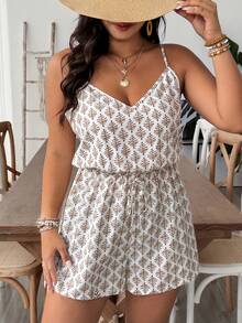 SHEIN VCAY Mono/Mono corto de estilo bohemio casual de vacaciones con patrón geométrico retro para tallas grandes - Multicolor - Ver 7