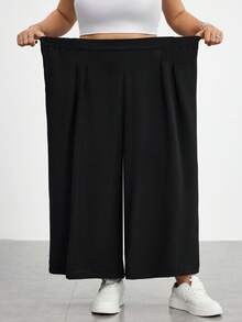 SHEIN CURVE+ Plus Size Women's Black Autumn Smart Casual Everyday Loose Comfortable Wide Leg Pants, Elastic Waist Flowy Pants For Vacation - Black - View 3