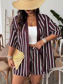SHEIN VCAY 2pcs Plus Size Striped Short Sleeve Jacket Set, Casual Fashionable, Suitable For Daily Wear And Vacation - Coffee Brown - View 5