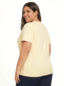 SHEIN BASICS Áo thun ngắn tay màu trơn dành cho nữ cỡ lớn, kiểu dáng thường ngày, đa năng. - Màu be - Xem 2