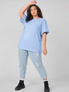 SHEIN BASICS 大码女式纯色圆领短袖休闲百搭T恤 - 藍色 - 查看 5