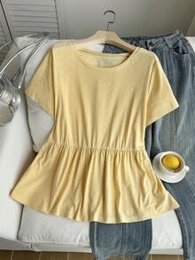 Comfortcana Plus Size Women Summer Casual Solid Color Short Sleeve Top Gym Brown - Yellow - View 1