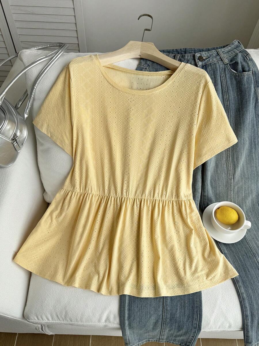 Comfortcana Plus Size Women Summer Casual Solid Color Short Sleeve Top Gym Brown - Yellow - View 1