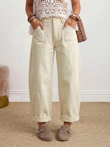 SHEIN PETITE Quần jeans nữ ống loe màu trơn, đơn giản, đa năng, có túi xéo, thích hợp mặc hàng ngày đi làm. - Màu be - Xem 3