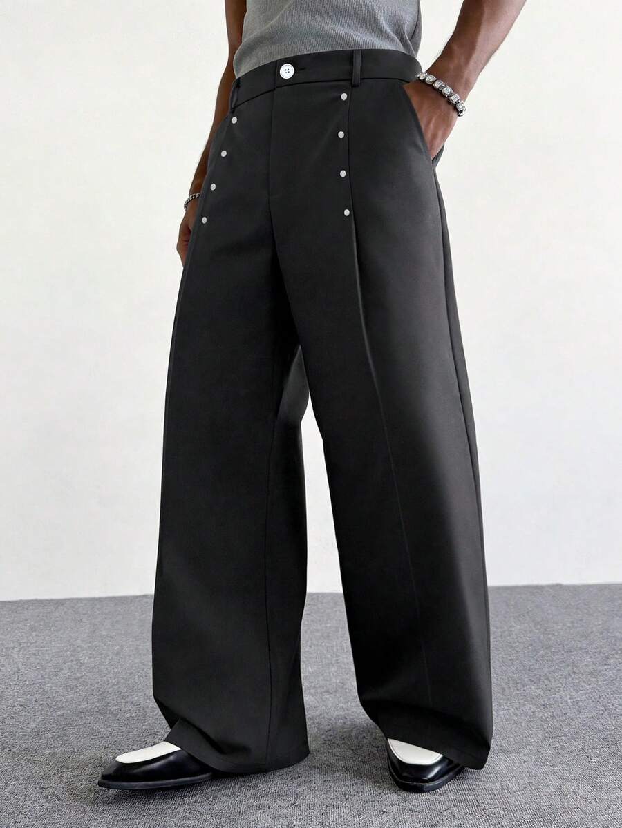 PAVTROS Men's Black Pants, Rivet Design, High-Fashion Versatile Loose Casual Trousers - Black - View 1