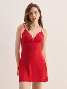 Hourtrue 2pcs Lace Patchwork Bow Decor Romantic Side Slit Camisole Nightgownfor Summer - Multicolor - View 10