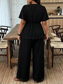 Weeklong Plus Size Women Solid V-Neck Ruched Short Sleeve Top And Pants Casual Suit - Black - View 2